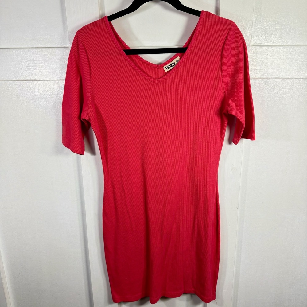 TWINTH Women's Ribbed V-Neck Short Sleeve Bodycon Dress Coral Size L